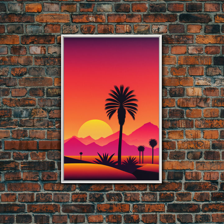 Palm Trees at Sunset, Synthwave Decor, 80s Retro Vibes Landscape Art, Framed Canvas Print