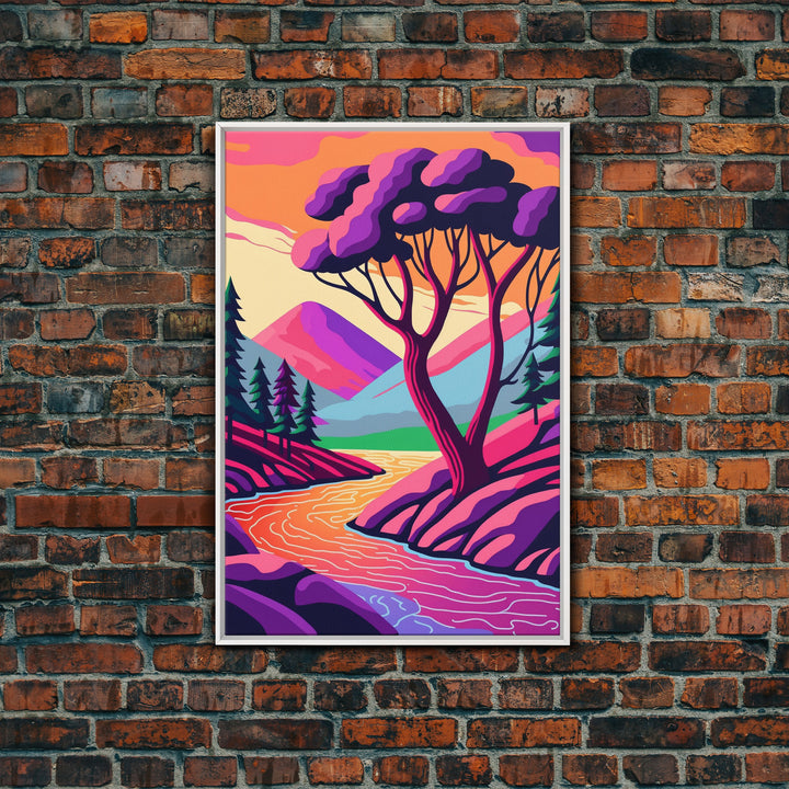 Surrealist Pop Art, Pink Fantasy Landscape Art, Framed Canvas Print