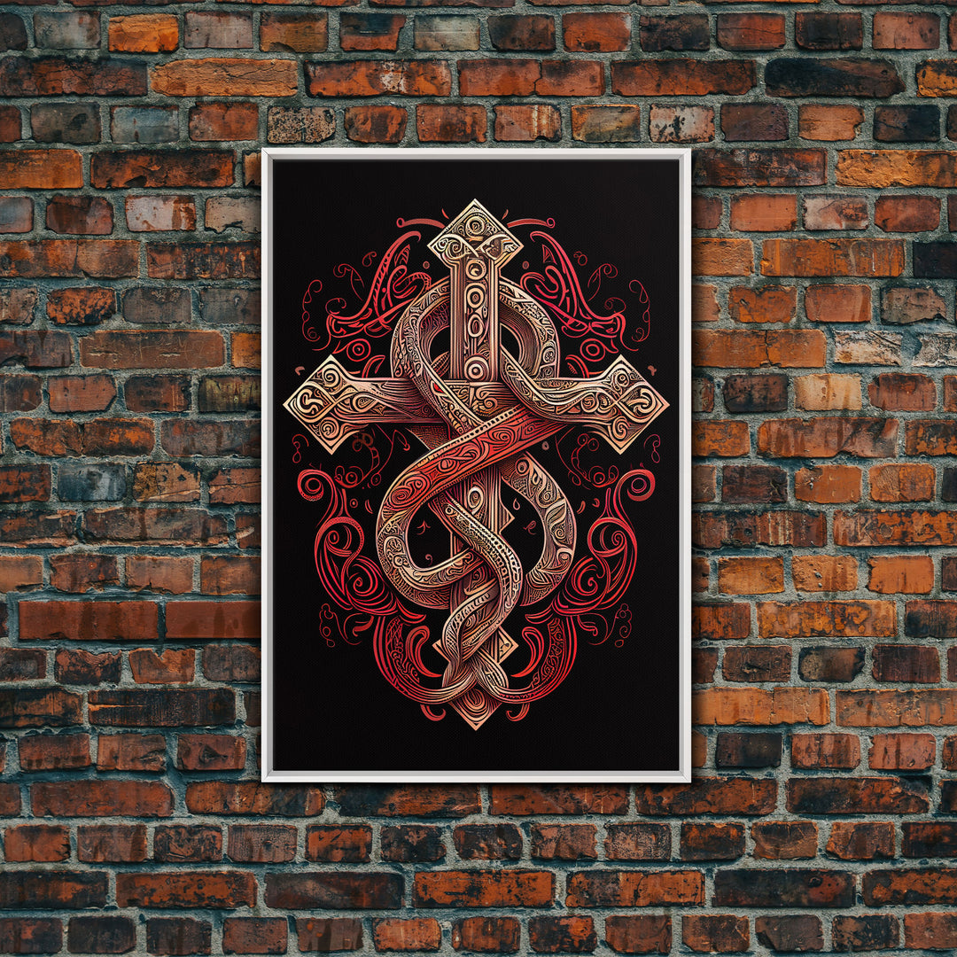 Cool Cross Art | Wall Art | Gothic Cross | Framed Canvas Print | Framed Art | Red and White Cross & Snake