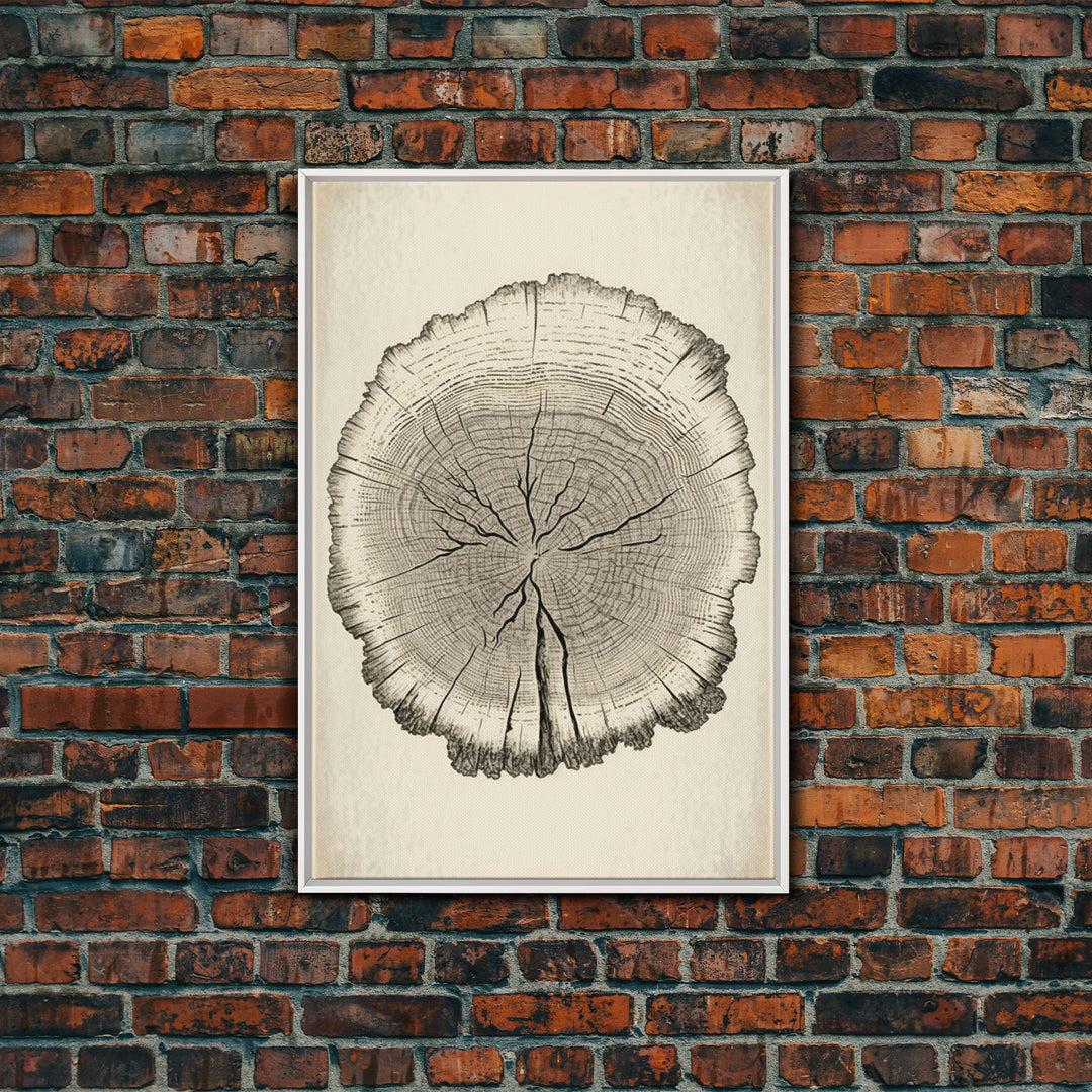 Framed Wall Art Canvas Print, Tree Cross Section, Tree Rings, Rustic Art, Farmhouse Decor, Oak Wood Tree Rings, Illustration, Gift For Him