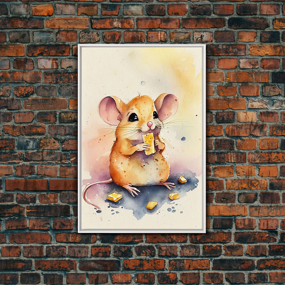 Mouse monchin' some cheese Watercolor Print, Mouse Art Painting, Framed Canvas Print, Cute mouse cartoon