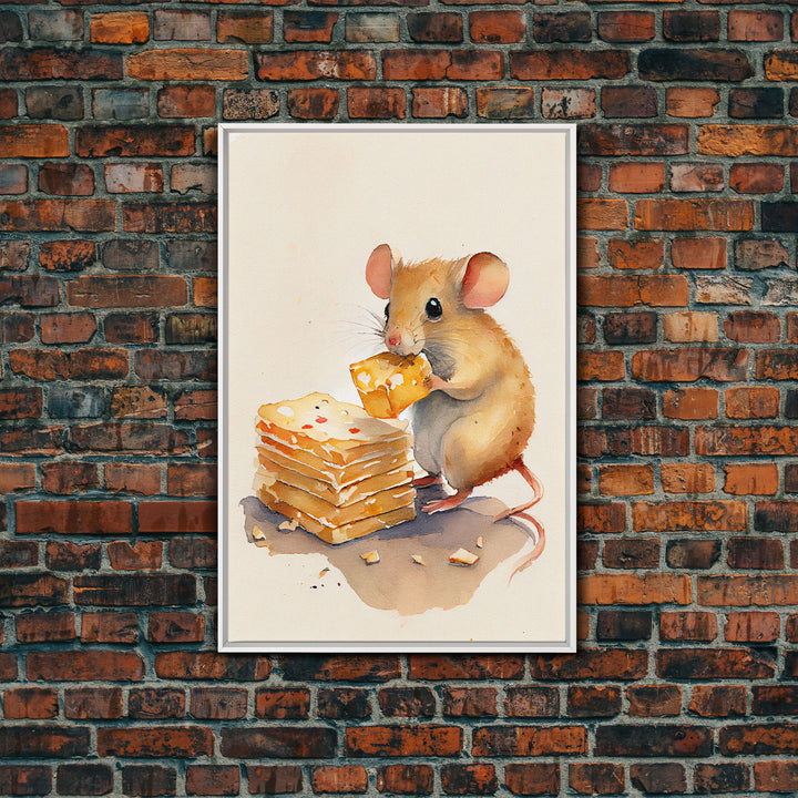 Mouse eatin' some cheese Watercolor Print, Mouse Art Painting, Framed Canvas Print, Cute mouse cartoon