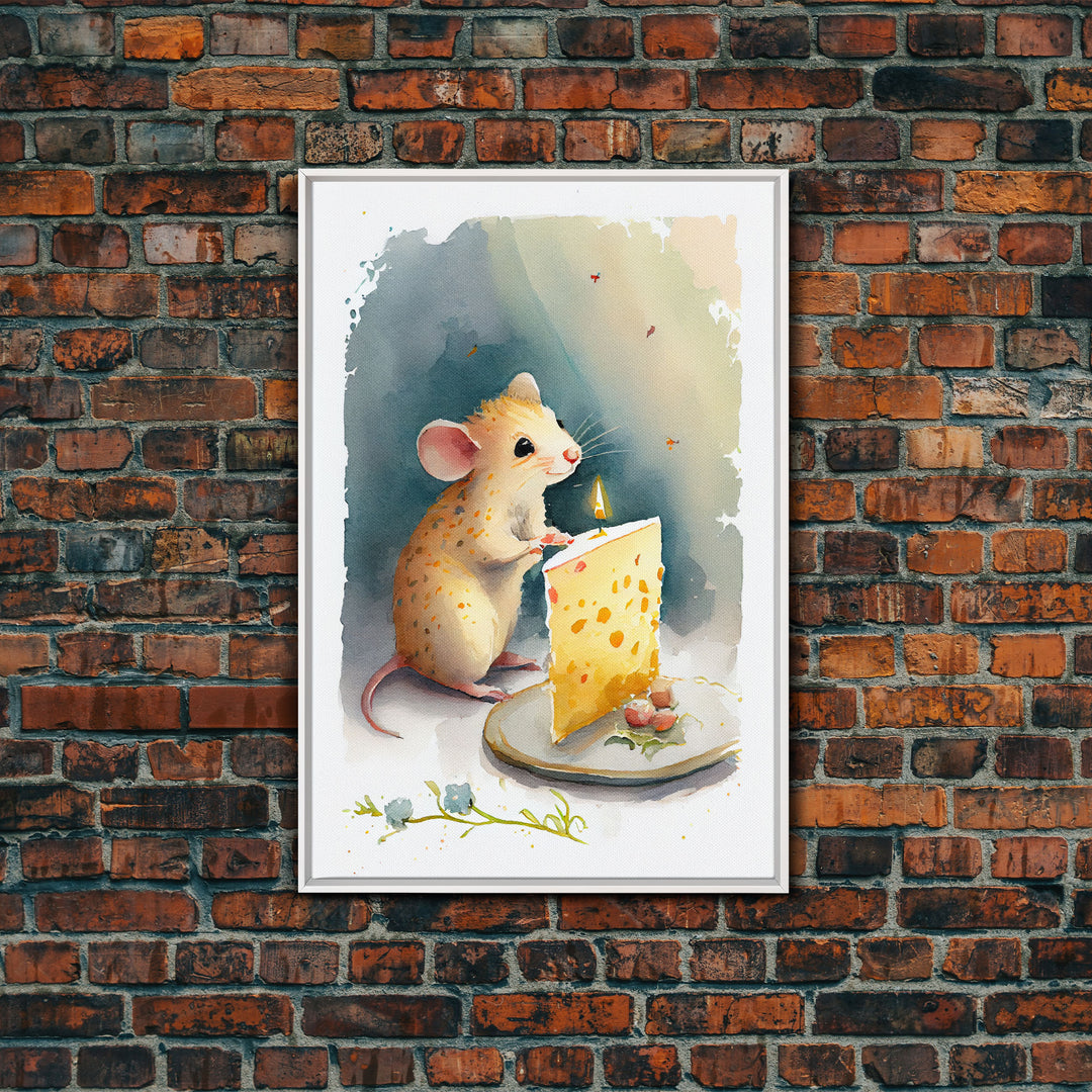 Cute mouse birthday party Watercolor Print, Mouse Art Painting, Framed Canvas Print, Cute mouse cartoon