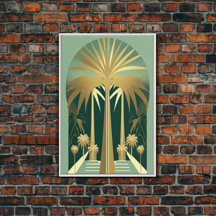 Boho Modern Frank Lloyd Wright-inspired Art Deco Canvas Print, Emerald Green and Gold Palm Tree, wall decor, wall art original, MCM Art