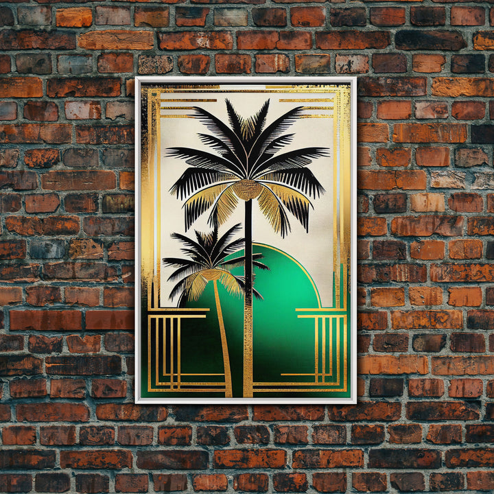 Boho Modern Frank Lloyd Wright-inspired Art Deco Canvas Print, Emerald Green and Gold Palm Tree, wall decor, wall art original, MCM Art