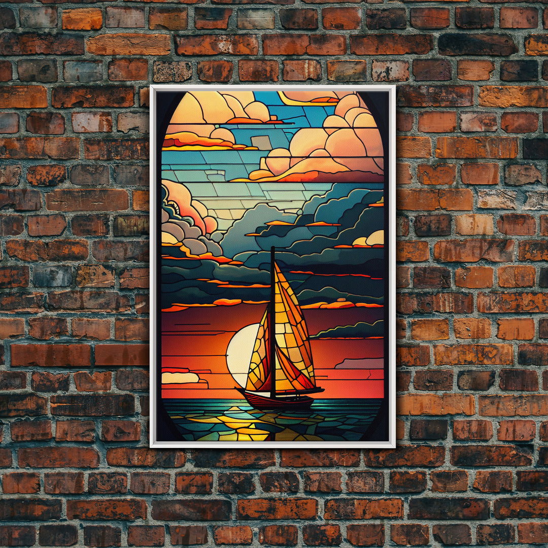 Art Deco Wall Art, Sailboat and Sunset Framed Canvas Print, Art Deco / MCM Wall Art, Stained Glass Reflections