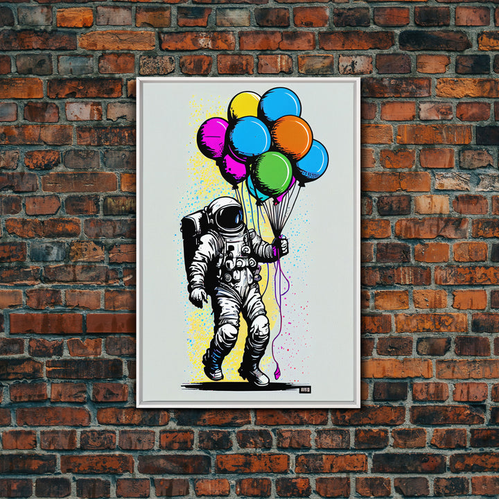 Urban Wall Art, Banksy Inspired, Astronaut Holding Colorful Balloons, Framed Canvas Print, Graffiti Art