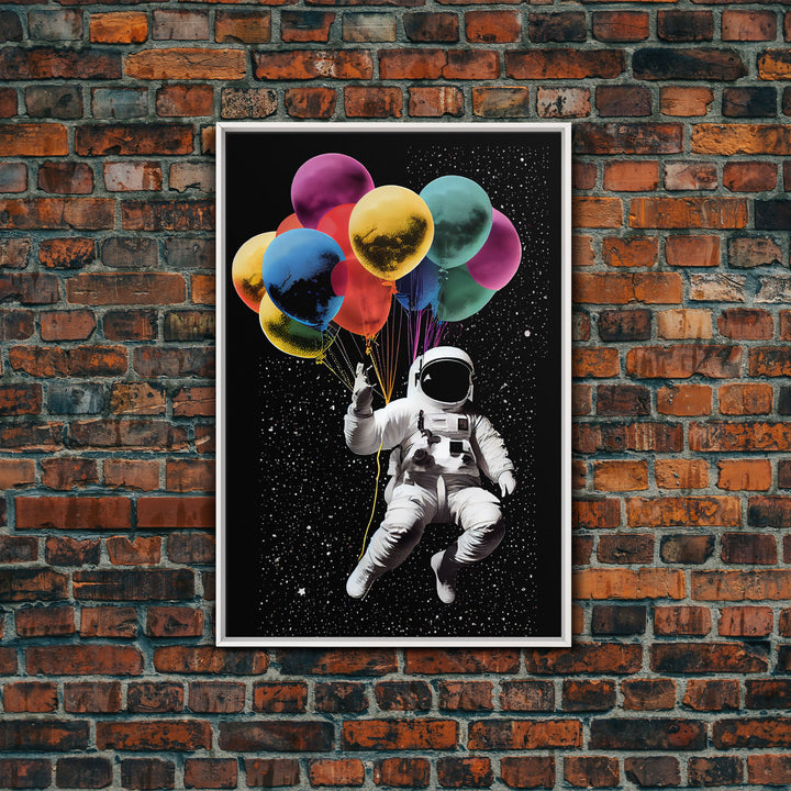 Urban Wall Art, Banksy Inspired, Astronaut Holding Colorful Balloons, Framed Canvas Print, Graffiti Art, Space Art