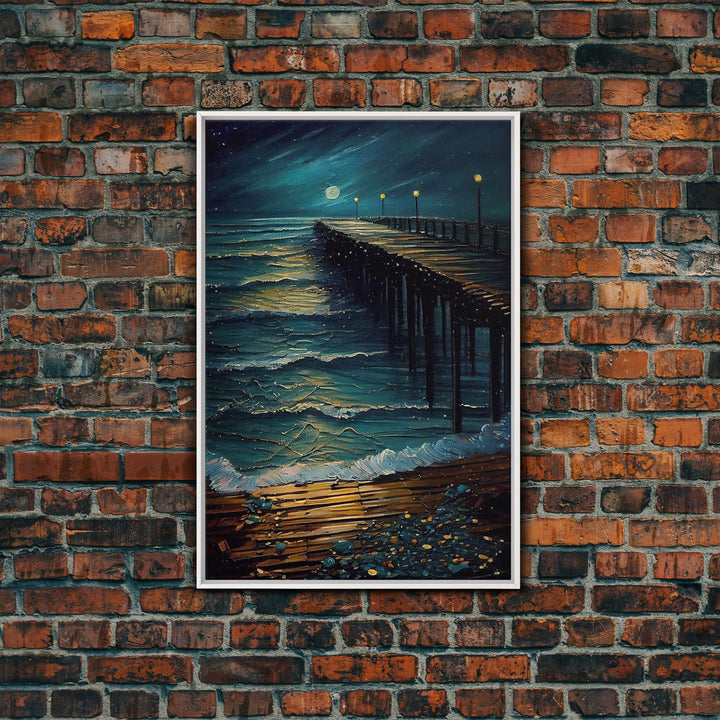 Van Gogh Starry Night Inspired, The Beach Boardwalk at Midnight, Framed Canvas Print, Unique Wall Art, Canvas Art, Living Room Decor