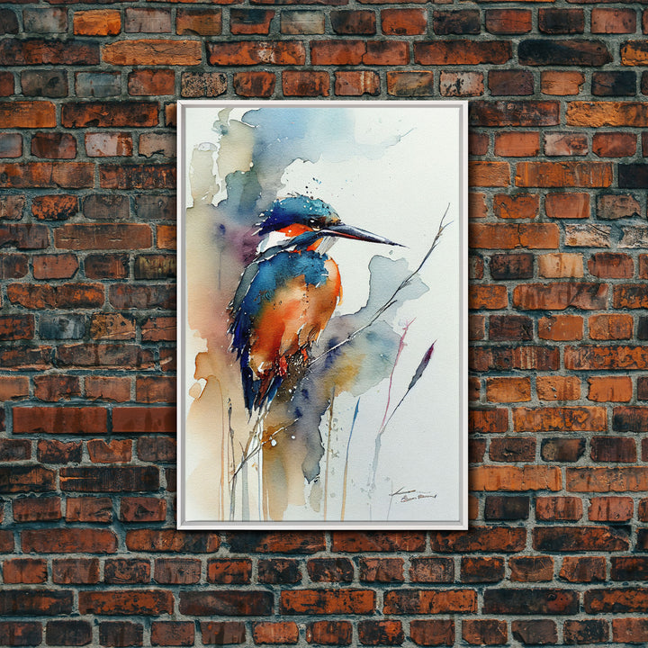 Watercolor of a Kingfisher, Framed Canvas Print, Bird Painting, Bird Watcher Art, Blue and Orange Kingfisher Watercolor Painting