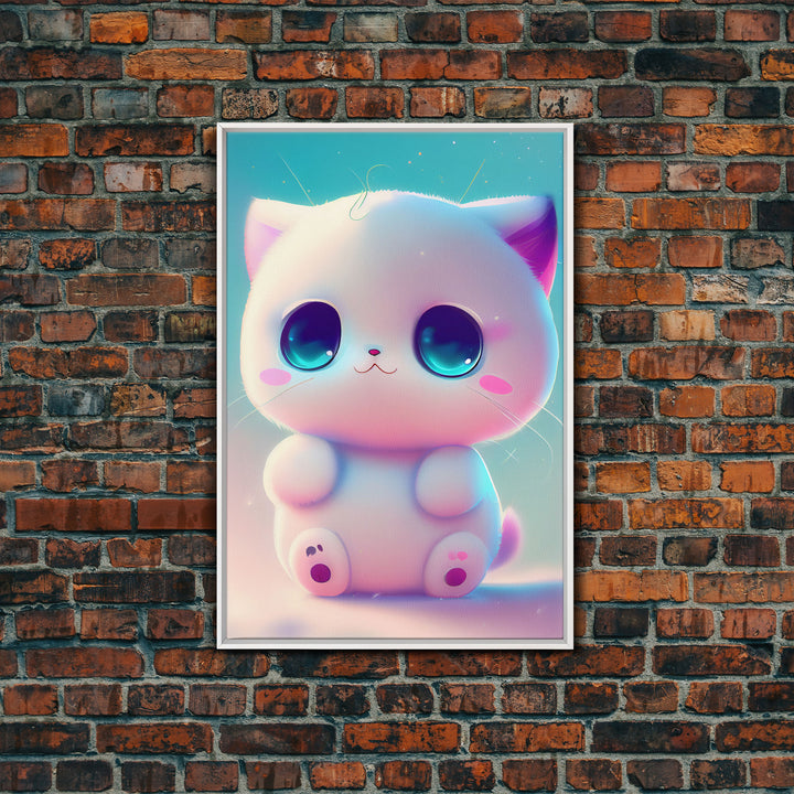 Cute Kawaii Kitten, Anime Style Art, Framed Canvas Print, Framed Art, Cat Portrait, Cartoon Cat