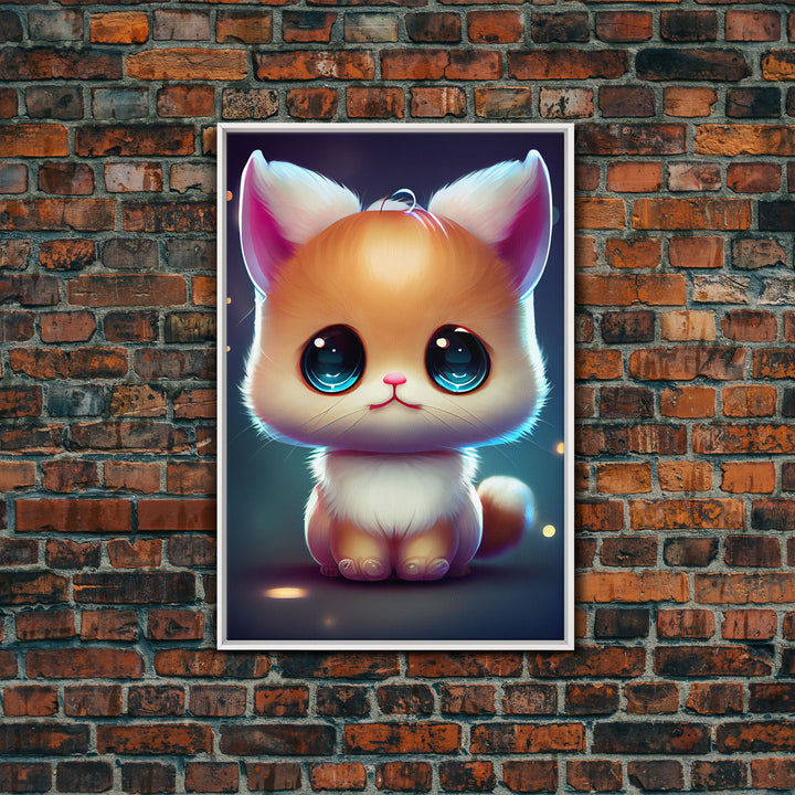 Cute Kawaii Kitten, Anime Style Art, Framed Canvas Print, Framed Art, Cat Portrait, Cartoon Cat, Kawaii Artwork