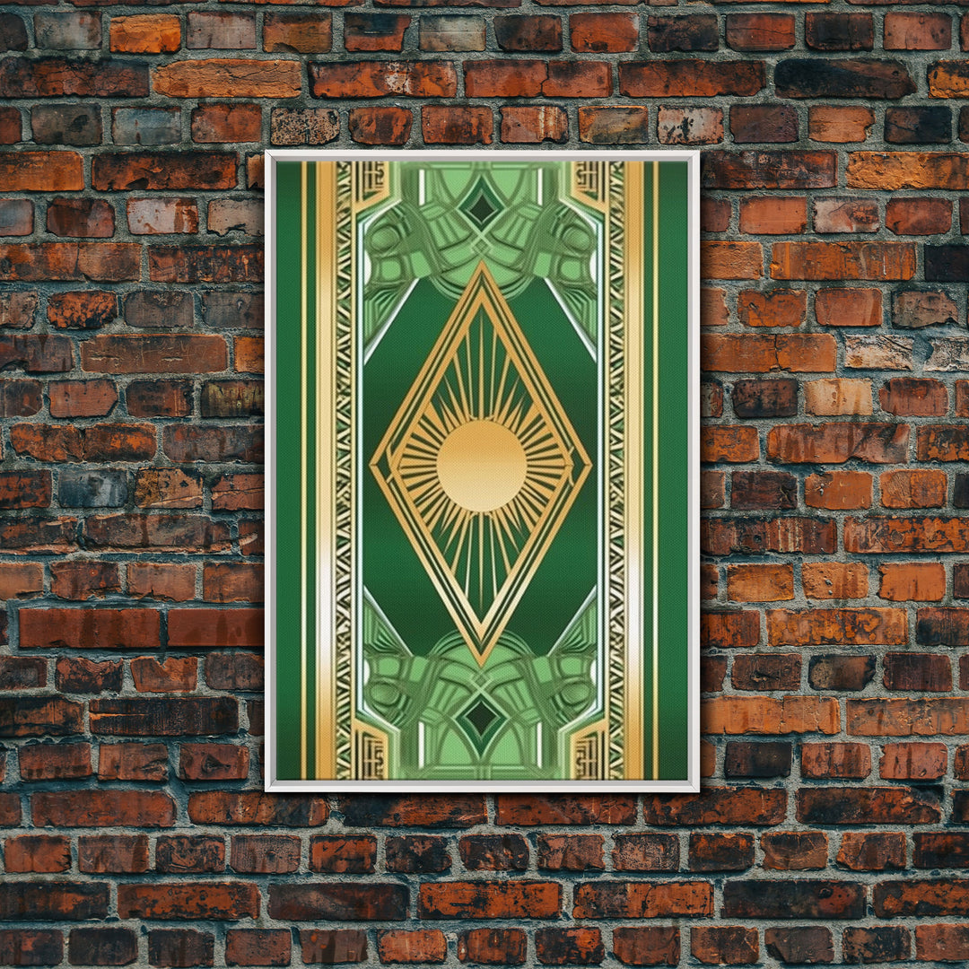 Midcentury Modern Wall art, Framed Canvas Print, Art Deco, Gold & green art, Framed painting, Original painting, Office decor, Geometric art