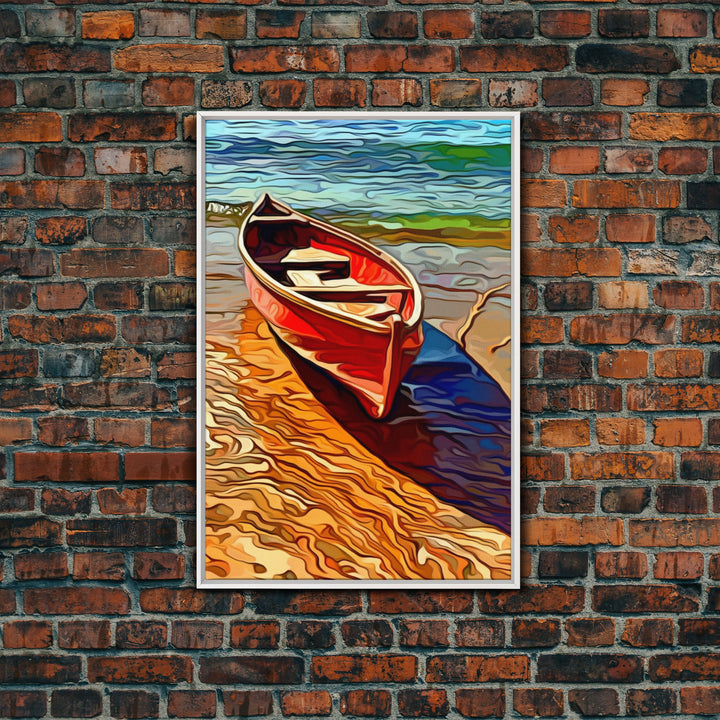 Abandoned Canoe On The Lake, Framed Canvas Print, Oil Painting Style, Abstract Wall Art, Lakehouse Wall Decor, Boho Art