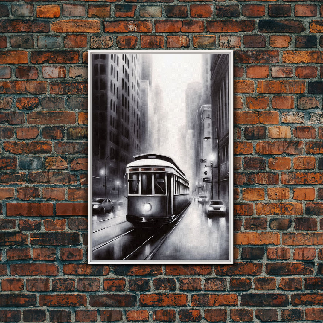 Brooklyn Street Car Trolley, Framed Canvas Print, Retro Charcoal Drawing of NYC in The Rain