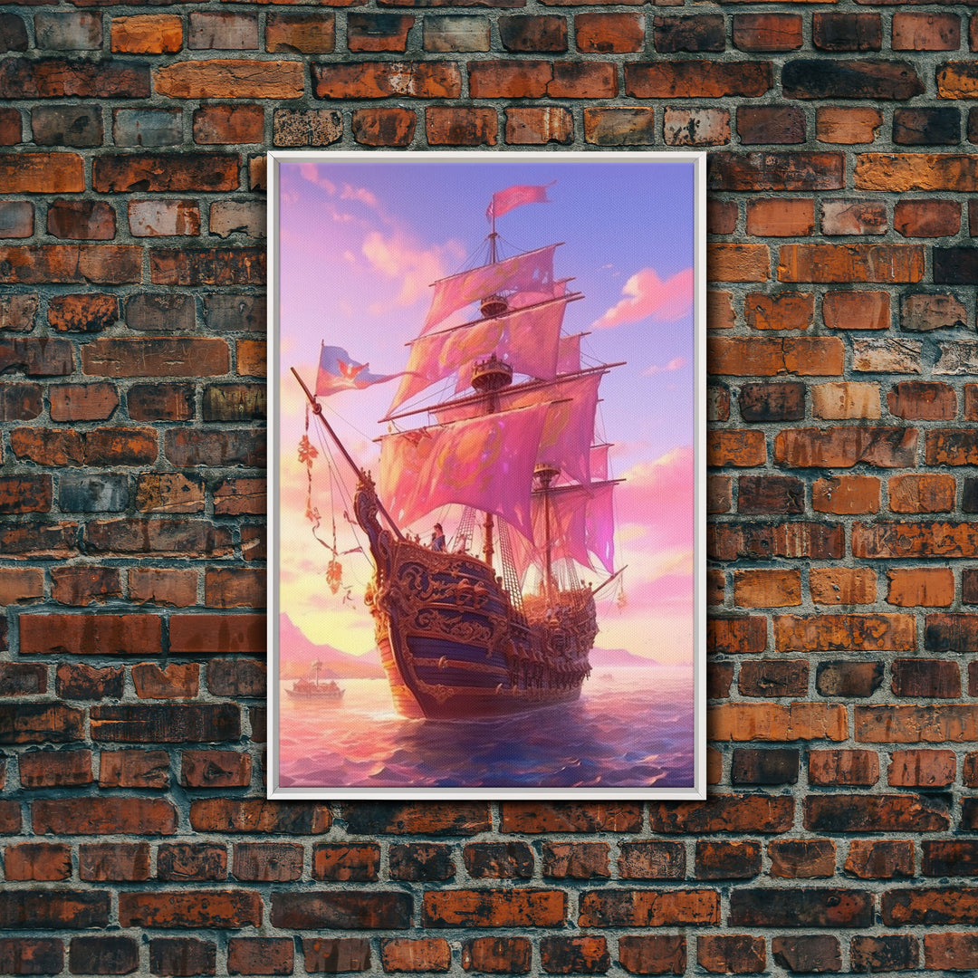 Gothic Pirate Ship at Sunset, Framed Canvas Print, Fantasy Wall Art, Wall Decor, Pirate Wal Art, Gift For Him, Kid's Room Art