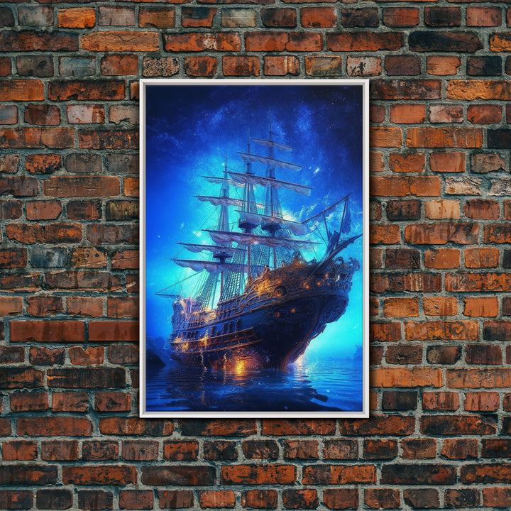 Haunted Pirate Ghost Ship Under The Night Sky, Framed Canvas Print, Fantasy Wall Art, Wall Decor, Pirate Wal Art, Gift For Him, Kid's Room