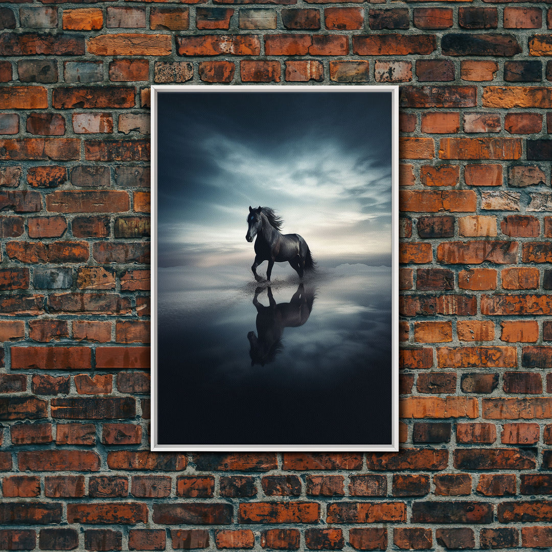 Majestic Black Stallion Galloping In The Clouds - Black Horse On Salt Flats - Framed Canvas Print - Nature Photography Art