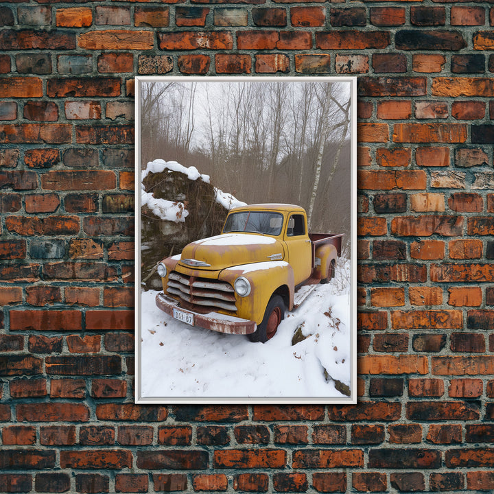 Vintage Snow Covered Chevy Truck, 1950s Truck, Framed Canvas Print, Rusty Truck Photography