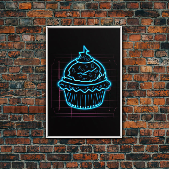 Teal Neon Lights Cupcake Wall Decor, Kitchen Wall Art, Glowing Art, Minimalist Print, Wall Decor, Canvas Print, Wall Art, Framed Canvas