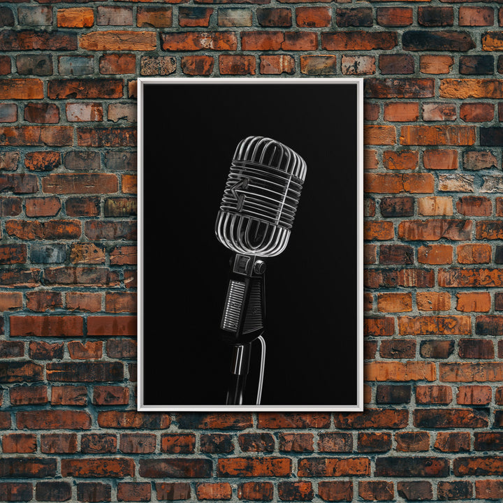 Silver Retro Microphone Wall Art, Mic Wall Art, Music Room Wall Art, Minimalist Print, Wall Decor, Canvas Print, Wall Art, Framed Canvas