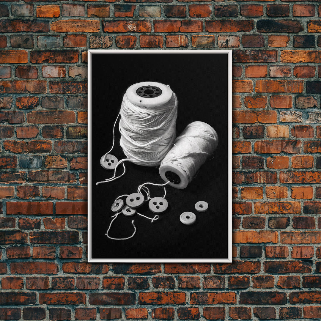 Thread And Buttons Wall Art, Sewing Room Wall Art, Black And White, Minimalist Print, Wall Decor, Canvas Print, Wall Art, Framed Canvas