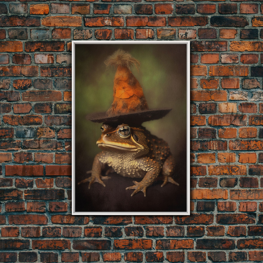 Frog Wall Art, Frog Wearing Witch Hat, Funny, Animal Wall Art, Nature, Modern Print, Wall Decor, Canvas Print, Wall Art, Framed Canvas