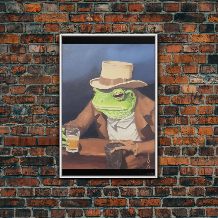 Sad Cowboy Frog Havin' a Beer, Cowboy Frog Framed Canvas Print