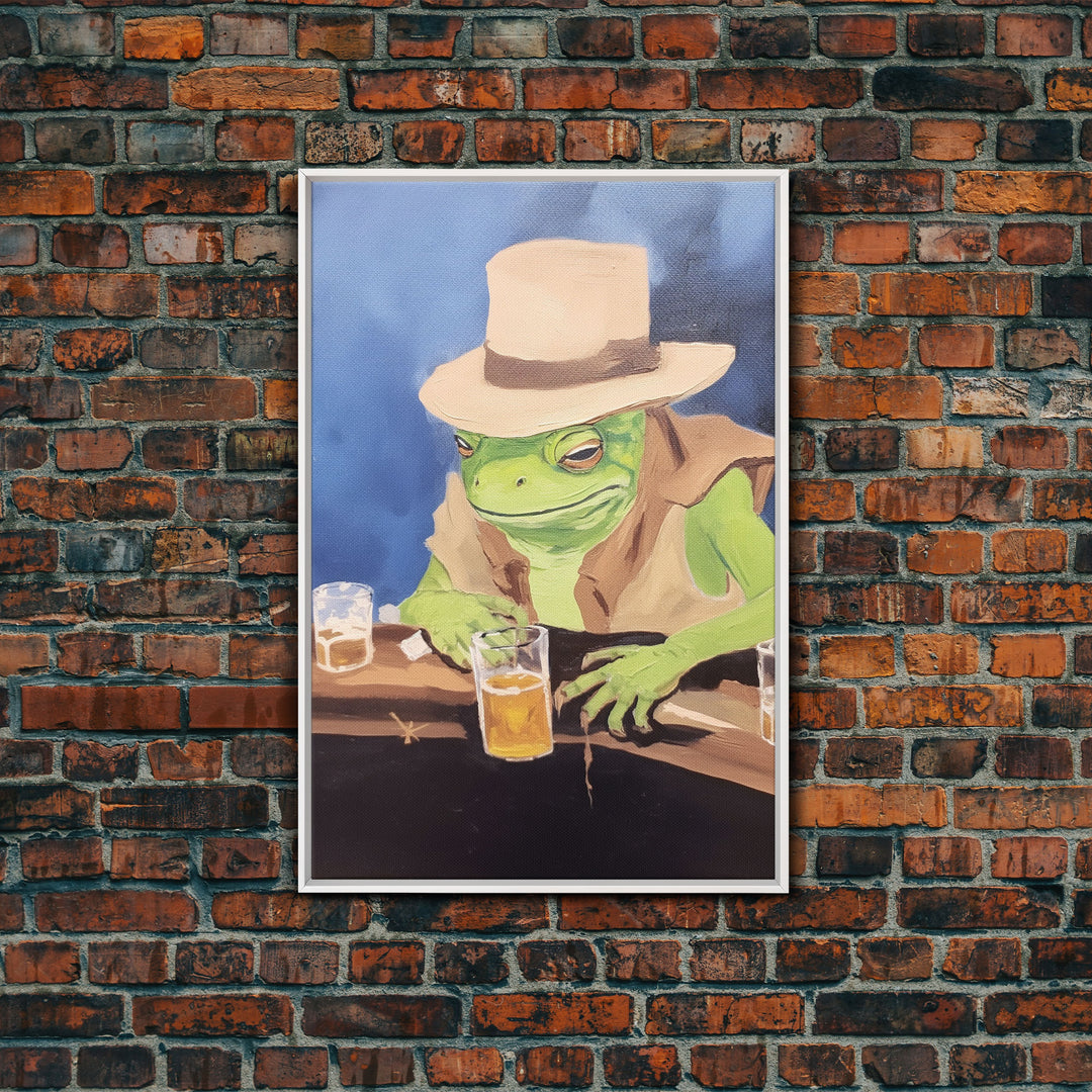 Sad Cowboy Frog Havin' a Beer, Cowboy Frog Framed Canvas Print