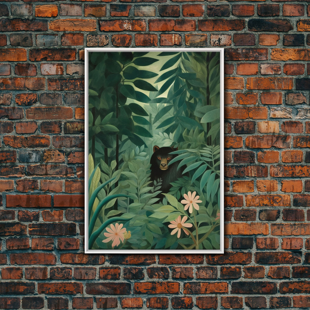 Rousseau Inspired Botanical Print, Framed Canvas Art, Bear Hiding In The Jungle, Dark Green Wall Art, Emerald Green Wall Art, Poster Print