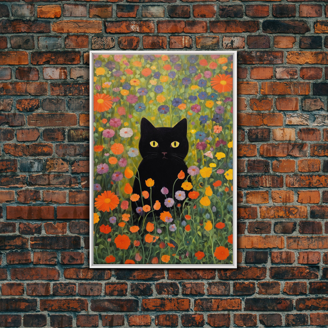 Gustav Klimt Inspired Garden Cat, Funny Black Cat Art, Framed Canvas Print, Fine Art Poster, Cute Cat Art, Funny Gift, Funny Cat Prints