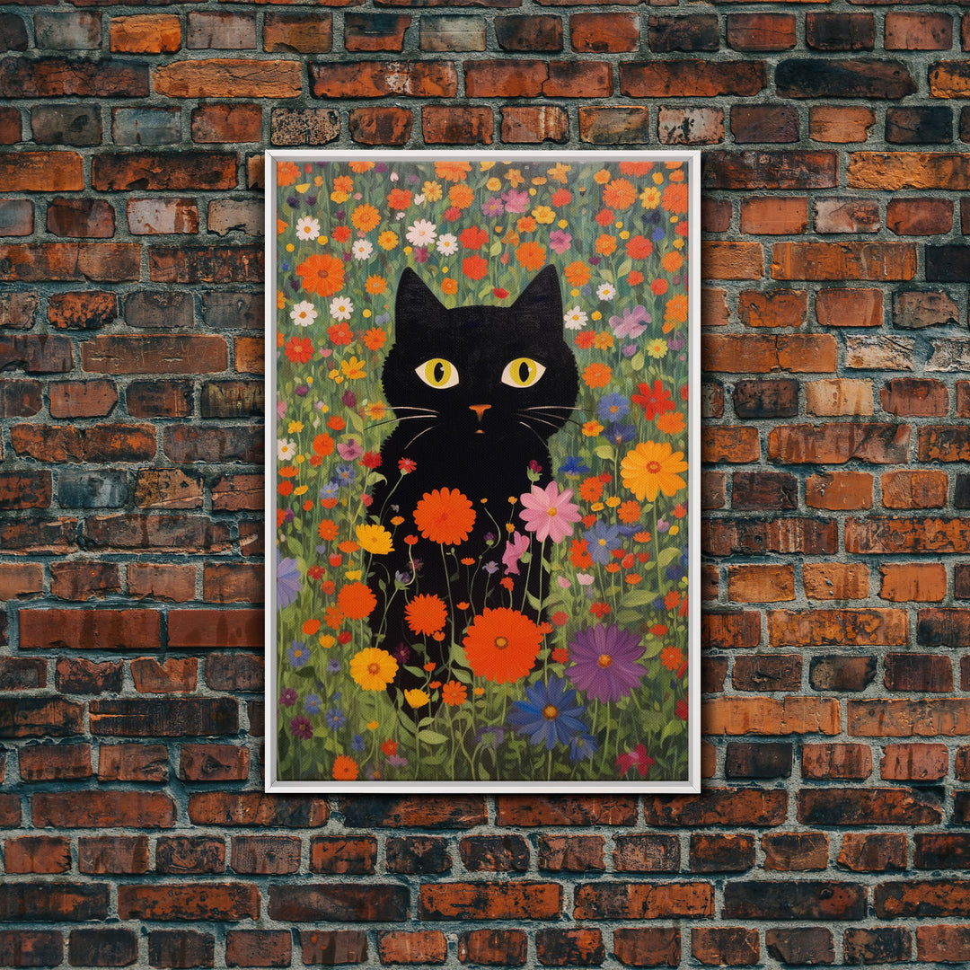 Gustav Klimt Inspired Garden Cat, Funny Black Cat Art, Framed Canvas Print, Fine Art Poster, Cute Cat Art, Funny Gift, Funny Cat Prints