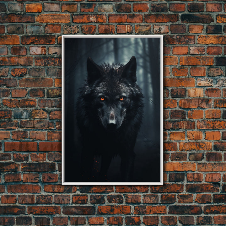 Red Eyed Wolf Print, Black Wolf On The Hunt, Framed Canvas Art