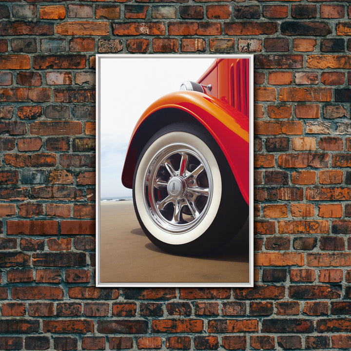 Hot Rod Art, Hot Rot Photography Print, Framed Canvas or Poster, Close Up Shot Of 1930s Hot Rod Chrome Rims, Orange Hot Rod, Gift For Him