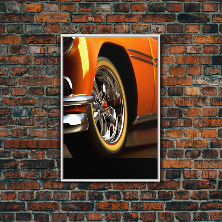 Hot Rod Art, Hot Rot Photography Print, Framed Canvas or Poster, Close Up Shot Of 1950s Hot Rod Chrome Rims, Orange Hot Rod, Gift For Him