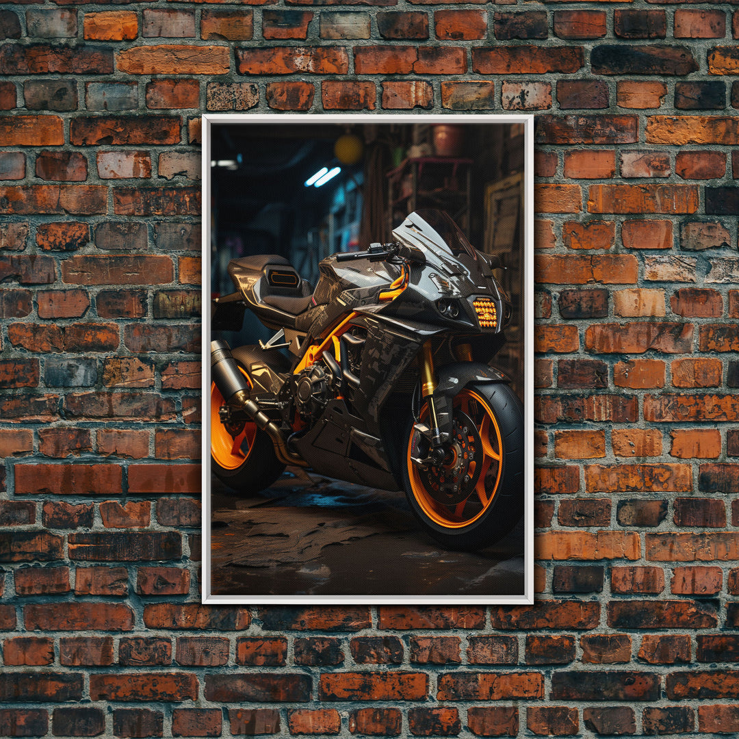 Sport Bike Wall Art, Framed Canvas Print, Futuristic Cyberpunk Motorcycle Wall Art