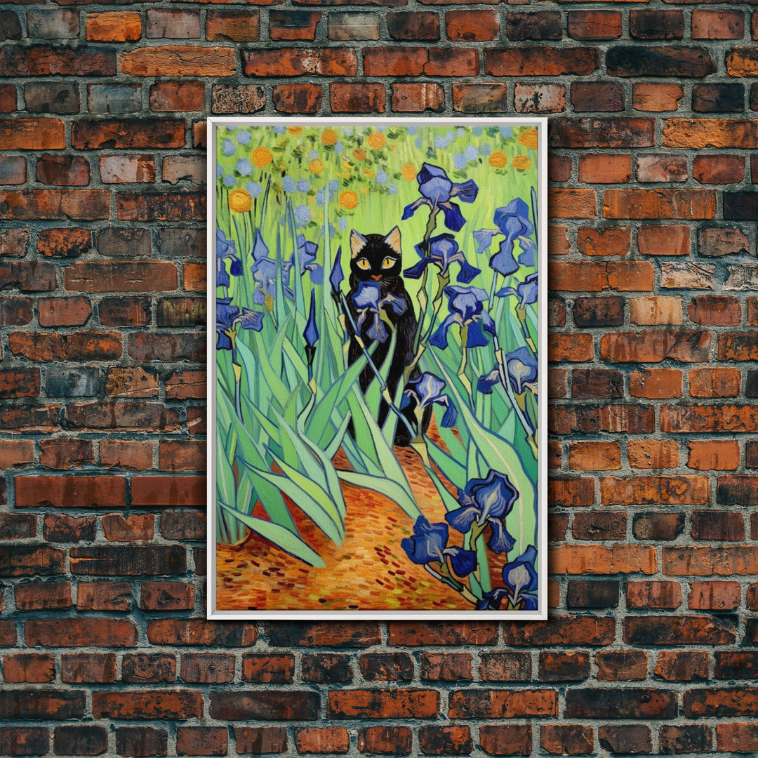 Funny Cat Print, Vincent Van Gogh Inspired Irises Black Cat Wall Art, Framed Canvas Print, Poster Art, Funny Gift, Home Decor Wall Art