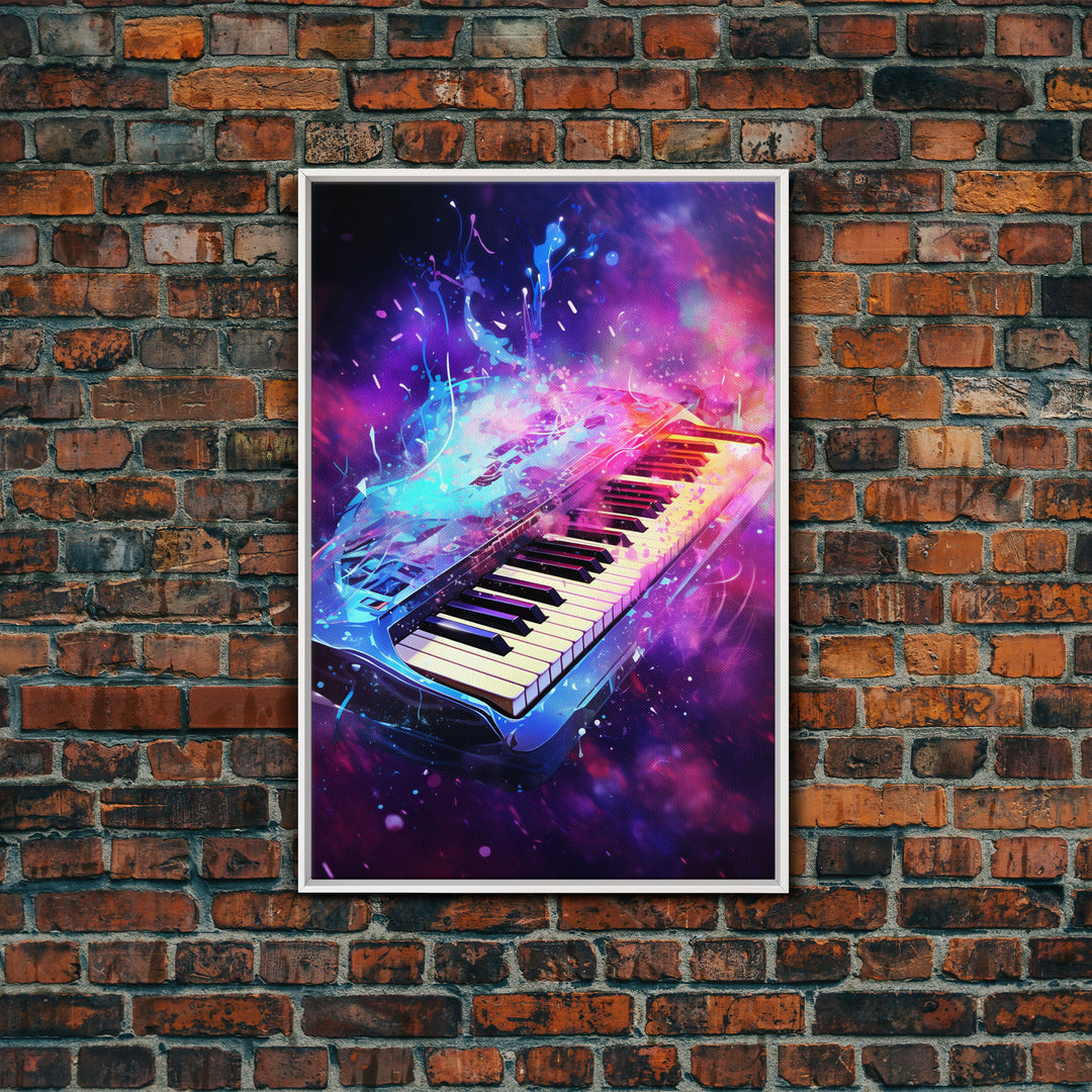 Cosmic Keyboard, Galaxy Music Art Framed Canvas Print, Electric Keyboard, Instrument Art, Studio Wall Decor