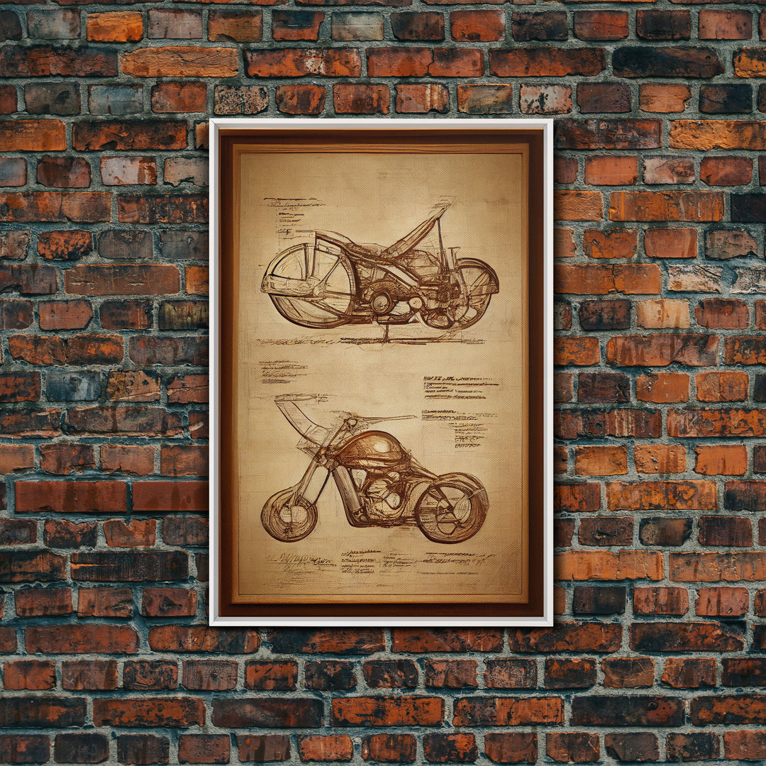 Steampunk motorcycle diagram wall art, canvas print, mancave decor, Da Vinci style diagram motorcycle art, abstract man cave art