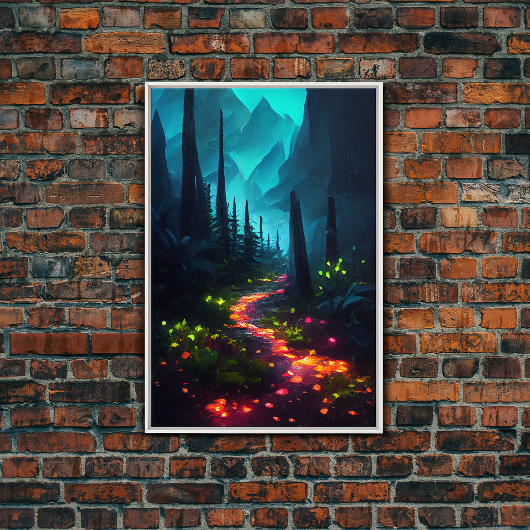 Luminescent magical forest canvas print, glowing trail though the trees, fantasy art