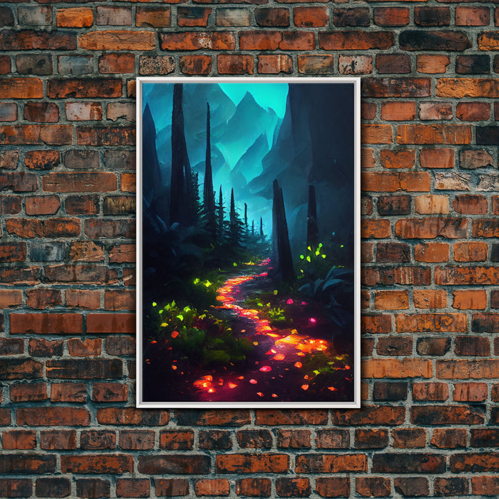 Luminescent magical forest canvas print, glowing trail though the trees, fantasy art