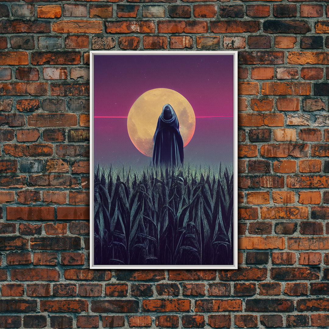 Spooky scarecrow in a corn field canvas print, full moon, Halloween art, scary art