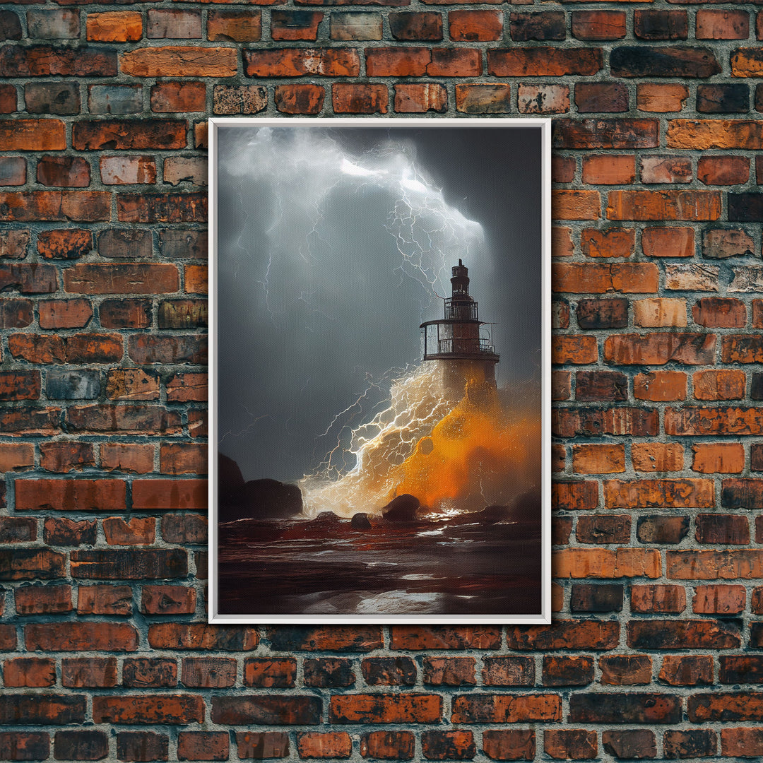 Lighthouse Oil Painting Canvas Print, Light house landscape print, Lighthouse in a storm with lightning and thunder, waves crashing