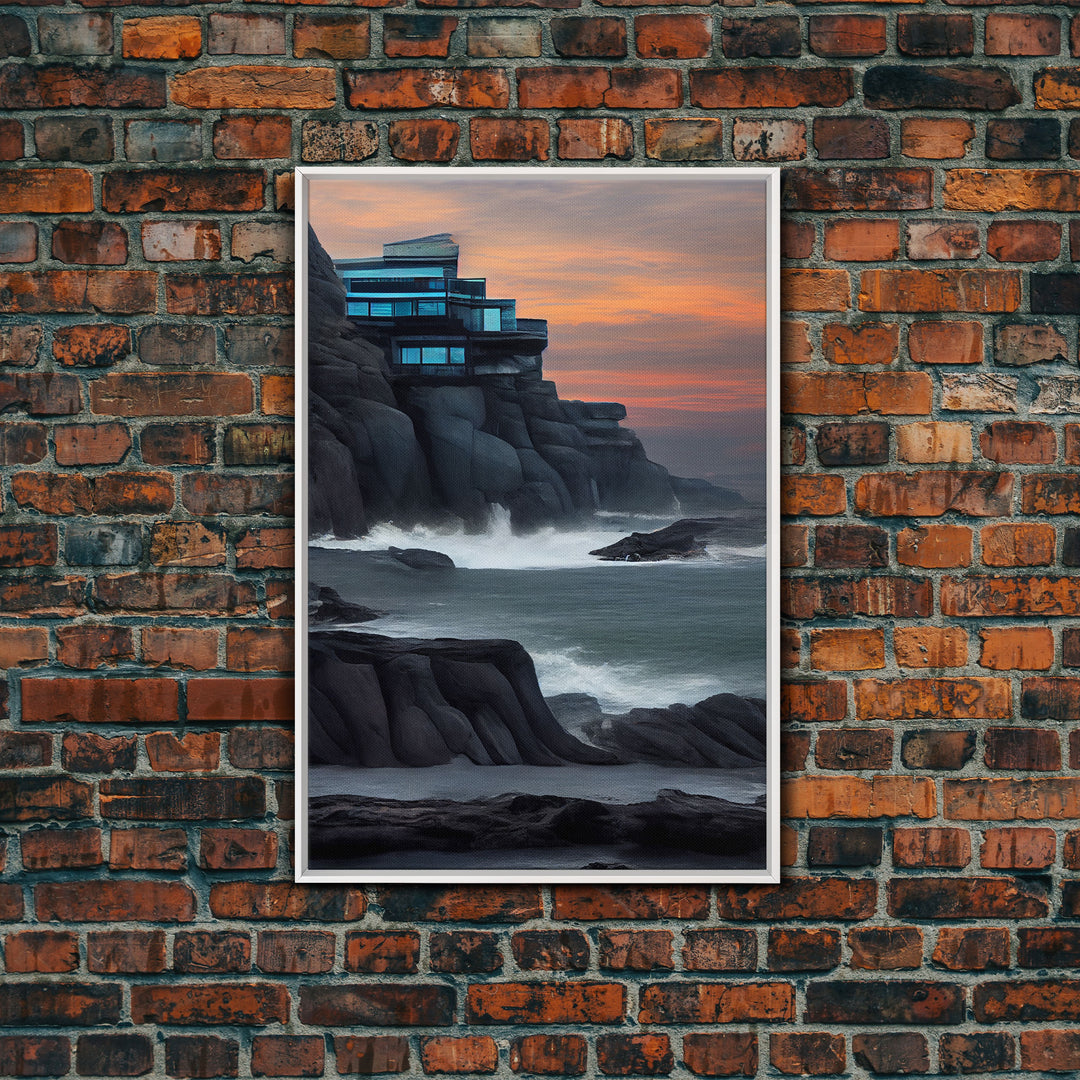 Midcentury modern house on a cliff, seaside home wall art, canvas print