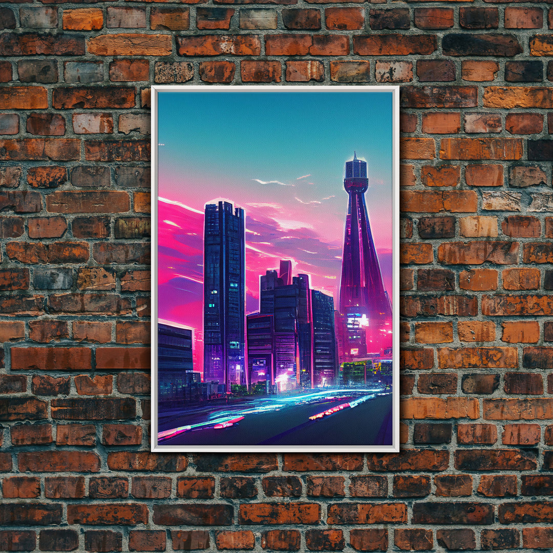 Vaporwave aesthetic wall art, cyberpunk city poster art, cool living room art, synthwave wall art, retro 80s style cyberpunk fine art print