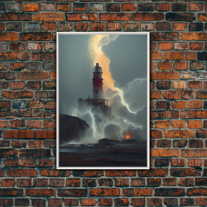 Lighthouse Oil Painting Canvas Print, Lightning striking a lighthouse during a dark stormy night, gloomy wall art