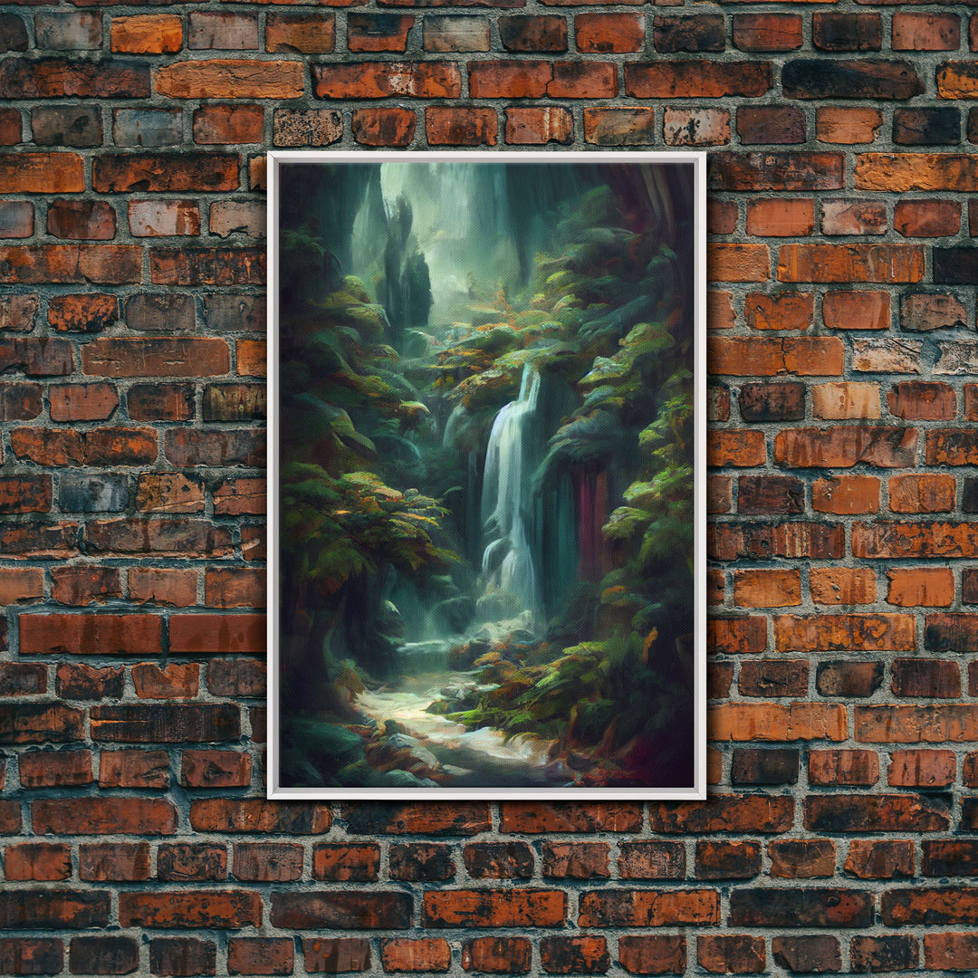 Waterfall in the forest canvas print, fantasy wall art, watercolor print, high fantasy, nature landscape living room wall art