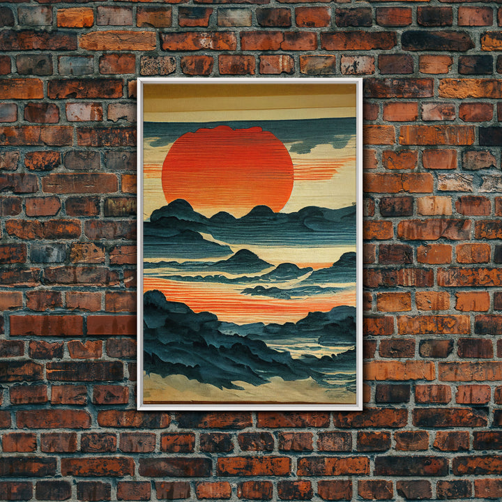 Hokusai style wall art, sunrise over the mountains, canvas print, woodblock print style art, Japanese style wall art