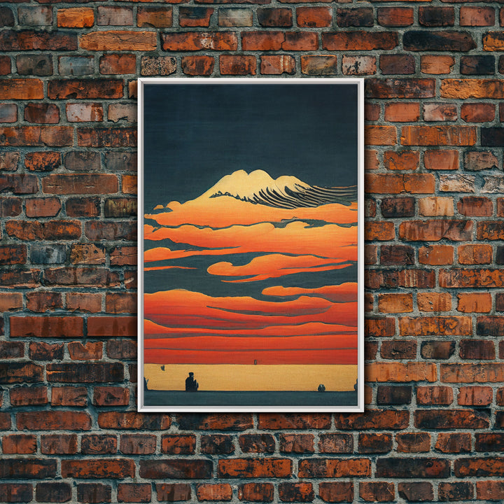 Retro Japanese style wall art, sunrise over the mountains, canvas print, woodblock print style art, Hokusai vintage style wall art