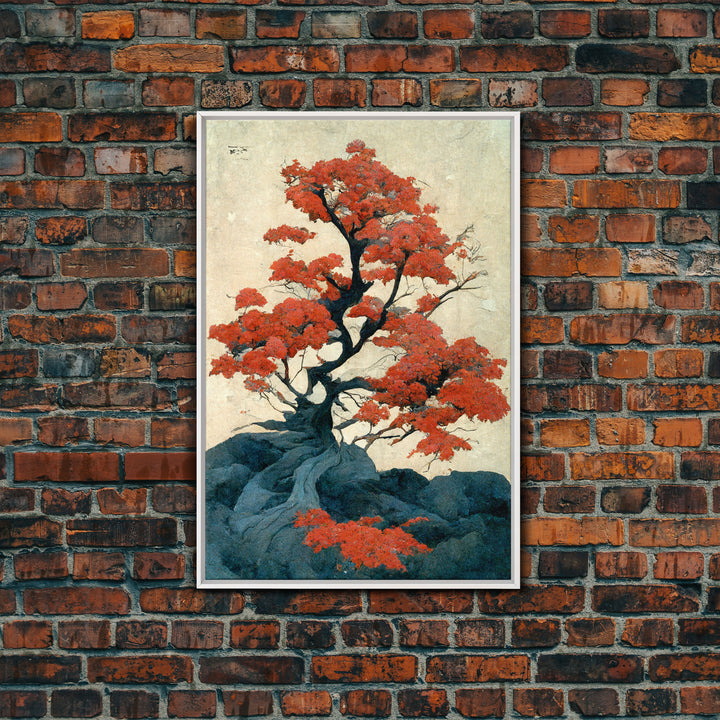 Japanese maple tree canvas print, vintage style wall art, woodblock print style wall art